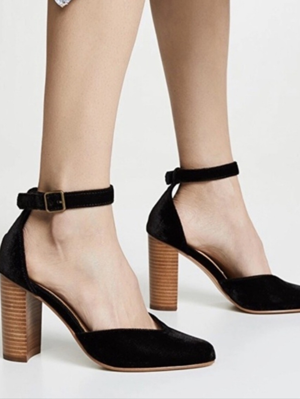 Soludos Collette Black Velvet Strap Block Stacked Heels Pumps Size 7